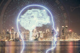 Fototapeta Nowy Jork - Brain hologram drawing on city scape background Double exposure. Brainstorming concept.