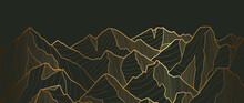Golden Mountains Art Deco Isolated On Black Background. Luxury Wallpaper Design With Gold Foil Shiny Sketch Of Mountain Landscape. Vector Illustration