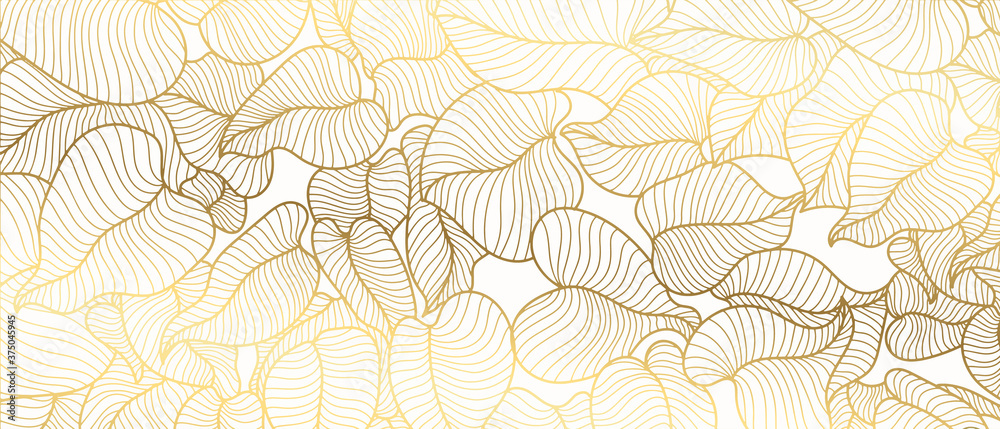 Luxury golden art deco wallpaper. Nature background vector. Floral pattern with golden split-leaf Philodendron plant with monstera plant line art on white  background. Vector illustration. - obrazy, fototapety, plakaty 