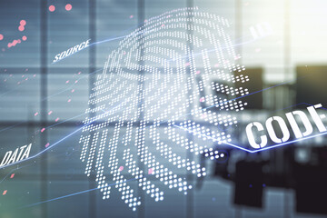 Poster - Abstract virtual fingerprint illustration on a modern coworking room background, personal biometric data concept. Multiexposure