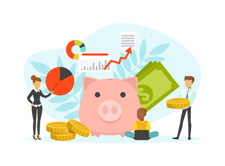 Sticker - Tiny Business People and Huge Piggy Bank, Finance Investment and Planning Concept, Accounting and Auditing Service Flat Vector Illustration