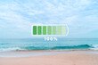 Fully charge battery 100% sign icon on natare summer beach on vacation day. Holiday long weekend relax time.
