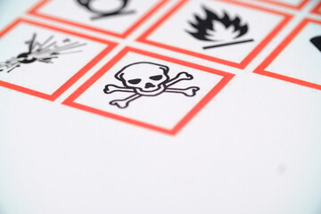 WHMIS 2015 SYMBOLS WORKPLACE HAZARDOUS MATERIAL INFORMATION SYSTEM. SKULL AND CROSSBONE MAIN FOCUS. FLAME, SYMBOLS ON PAPER. POISONOUS SYMBOL FOR INDICATORS AND FOR EMPLOYEE AND EMPLOYER