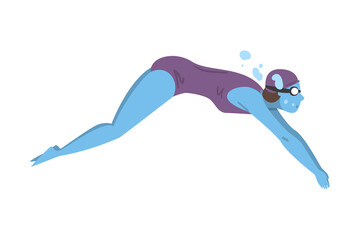 Sticker - Female Athlete Swimming in Pool under Water, Person in Swimwear and Cap Performing Water Activities, Water Swim Sport Cartoon Style Vector Illustration