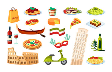 Italian culture set. Leaning tower of Pisa ancient roman coliseum gondola with paddle margarita pizza risotto olive scooter and national flagged wine and shopping bag. Travel cartoon vector.