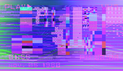 Poster - Glitch datamoshing camera effect. Retro VHS background like in old video tape rewind or no signal TV screen. Vaporwave and retrowave style vector illustration.