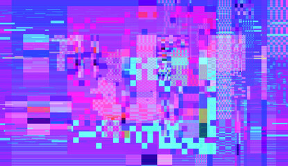 Poster - Glitch datamoshing camera effect. Retro VHS background like in old video tape rewind or no signal TV screen. Vaporwave and retrowave style vector illustration.
