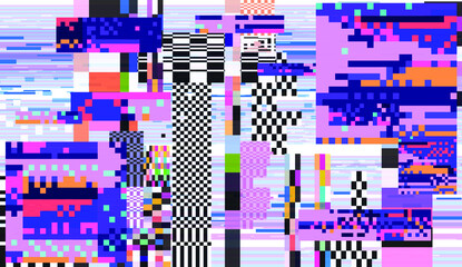 Poster - Glitch datamoshing camera effect. Retro VHS background like in old video tape rewind or no signal TV screen. Vaporwave and retrowave style vector illustration.