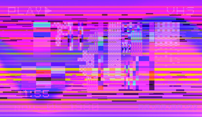 Glitch datamoshing camera effect. Retro VHS background like in old video tape rewind or no signal TV screen. Vaporwave and retrowave style vector illustration.