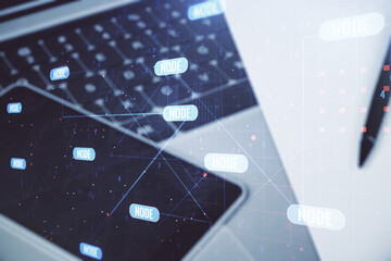 Double exposure of abstract programming language on laptop background, research and development concept