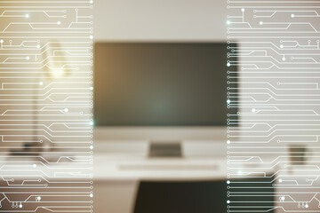 Poster - Creative abstract micro circuit sketch on modern laptop background, future technology and AI concept. Double exposure
