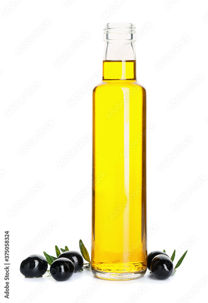 Bottle of olive oil on white background