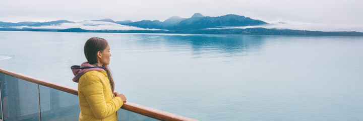 Wall Mural - Alaska Glacier bay cruise ship travel tourist looking at icebergs inside passage from balcony deck view Scenic cruising vacation destination panoramic banner.