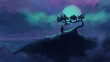 © Wachirawit - night scene of astronaut looking blue moonlight, on the top of the hill under the tree  ,digital art, Illustration painting