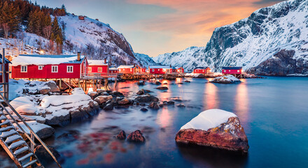 Wall Mural - fantastic evening cityscape of nusfjord town, norway, europe. great sunset on lofoten island archipe