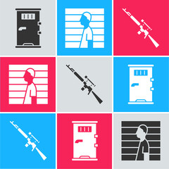 Poster - Set Prison cell door, Suspect criminal and Sniper rifle with scope icon. Vector.