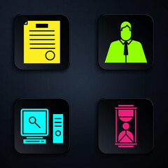 Poster - Set Old hourglass with sand, The arrest warrant, Search on computer screen and Lawyer, attorney, jurist. Black square button. Vector.