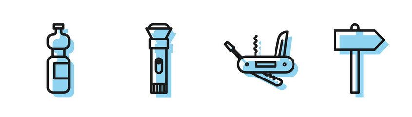 Sticker - Set line Swiss army knife, Bottle of water, Flashlight and Road traffic signpost icon. Vector.