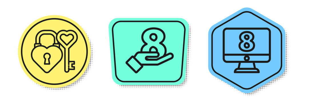 Set line Castle and key in heart shape, 8 March on hand and 8 March on monitore. Colored shapes. Vector.