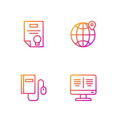 Aufkleber - Set line Online book on monitor, Electronic with mouse, Certificate template and Location the globe. Gradient color icons. Vector.
