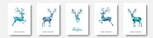 Christmas  And New Year Greeting Card With Polygonal Blue  Reindeers.