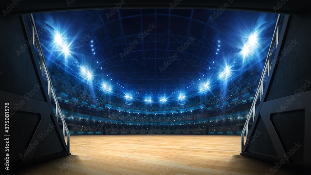 Stadium tunnel leading to playground. Players entrance to illuminated basketbal arena full of fans. Digital 3D illustration background for sport advertisement.  - obrazy, fototapety, plakaty 