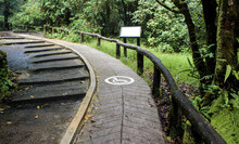 Concrete Ramp Way With Wooden Handrails And Disabled Sign For Support Wheelchair Disabled People In The Park.