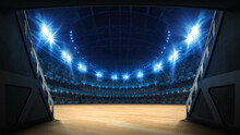 Stadium Tunnel Leading To Playground. Players Entrance To Illuminated Basketbal Arena Full Of Fans. Digital 3D Illustration Background For Sport Advertisement. 