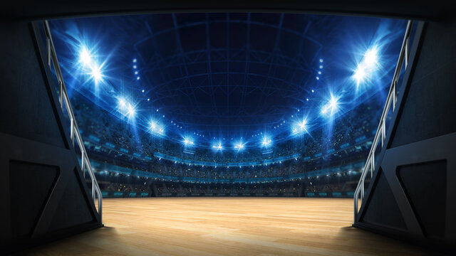 Wall Mural -  - Stadium tunnel leading to playground. Players entrance to illuminated basketbal arena full of fans. Digital 3D illustration background for sport advertisement. 