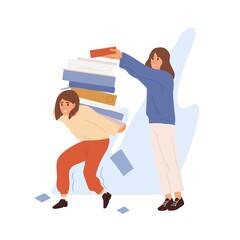 Aufkleber - Concept of unfair load distribution, overhours and stressful situation. Colleague put piles of giant folders on overworked and tired office manager. Flat vector cartoon illustration isolated on white