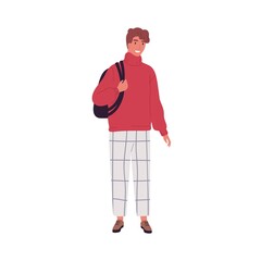 Poster - Modern casual guy holding backpack vector flat illustration. Stylish male in contemporary clothes standing isolated on white background. Smiling man posing in trendy sweater and trousers