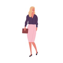 Poster - Stylish businesswoman holding clutch bag vector flat illustration. Happy female in trendy clothes standing isolated on white background. Fashionable modern girl in official clothes