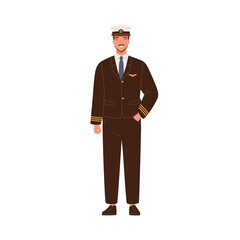 Aufkleber - Smiling male aircraft pilot in modern uniform and cap vector flat illustration. Happy man aircrew captain or aviator with mustache and beard standing isolated on white. Professional airman posing