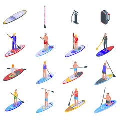 Wall Mural - Sup surfing icons set. Isometric set of sup surfing vector icons for web design isolated on white background
