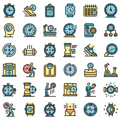 Poster - Gym time icons set. Outline set of gym time vector icons thin line color flat on white