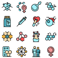 Poster - hormones icons set. outline set of hormones vector icons thin line color flat on white