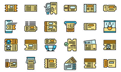 Poster - Bus ticketing icons set. Outline set of bus ticketing vector icons thin line color flat on white