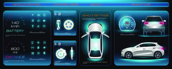 Poster - Futuristic car service, scan, diagnose and analyze vehicle data. Electronic touch panel for electric vehicle control. Car dashboard. Conceptual touchscreen car service with HUD, GUI, UI elements