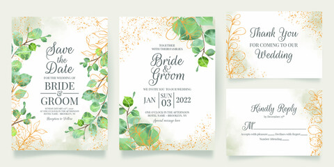 wedding invitation card template set with watercolor decoration