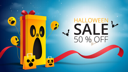 Aufkleber - Happy Halloween banner or sale background paper cut style.Spooky online store with gift box and shopping bag.Vector illustration.