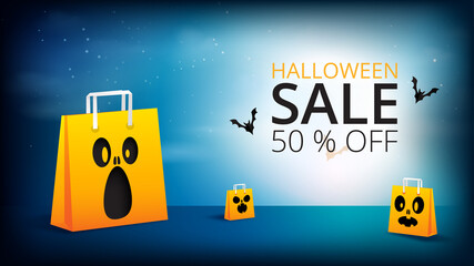 Aufkleber - Happy Halloween spooky night with shopping bag sale banner background paper cut style.Vector illustration.