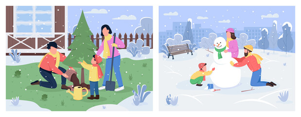 Wall Mural - Family winter activity semi flat vector illustration set. Tree planting in backyard. Snowman in urban park. Parents and children 2D cartoon characters for commercial use collection