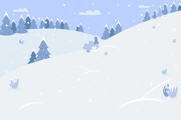 snow mountains semi flat vector illustration. winter resort for extreme sports. place with trees and