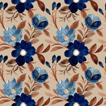 Beautiful Seamless Pattern Blue Flower And Brown Leaves With Watercolor