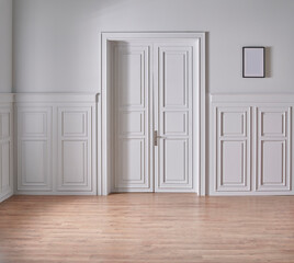 White classic wall background in to the room, brick wall and shelf kitchen style.