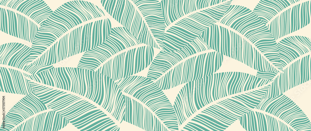 Luxury leaf art deco wallpaper. Nature background vector. Floral pattern with tropical plant line art on trendy color background. Vector illustration. - obrazy, fototapety, plakaty 
