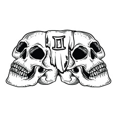 tattoo and t-shirt design black and white hand drawn gemini skull zodiac  premium vector