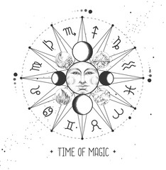 modern magic witchcraft astrology wheel with zodiac signs on space background. horoscope vector illu