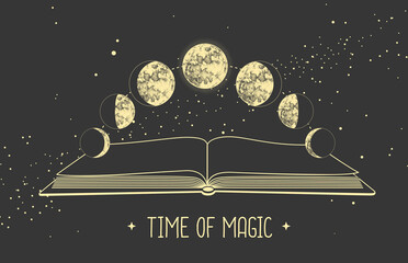 Wall Mural - Modern magic witchcraft card with moon phases and open magic book. Pagan moon symbol. Vector illustration