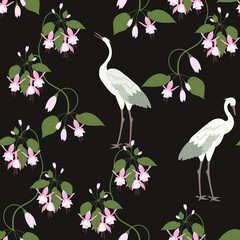  Seamless vector illustration with beautiful fuchsia and birds